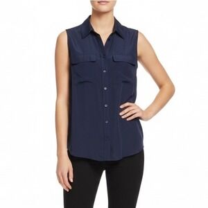 EQUIPMENT FEMME Sleeveless Navy Blue Button Down Silk Shirt Top Size S